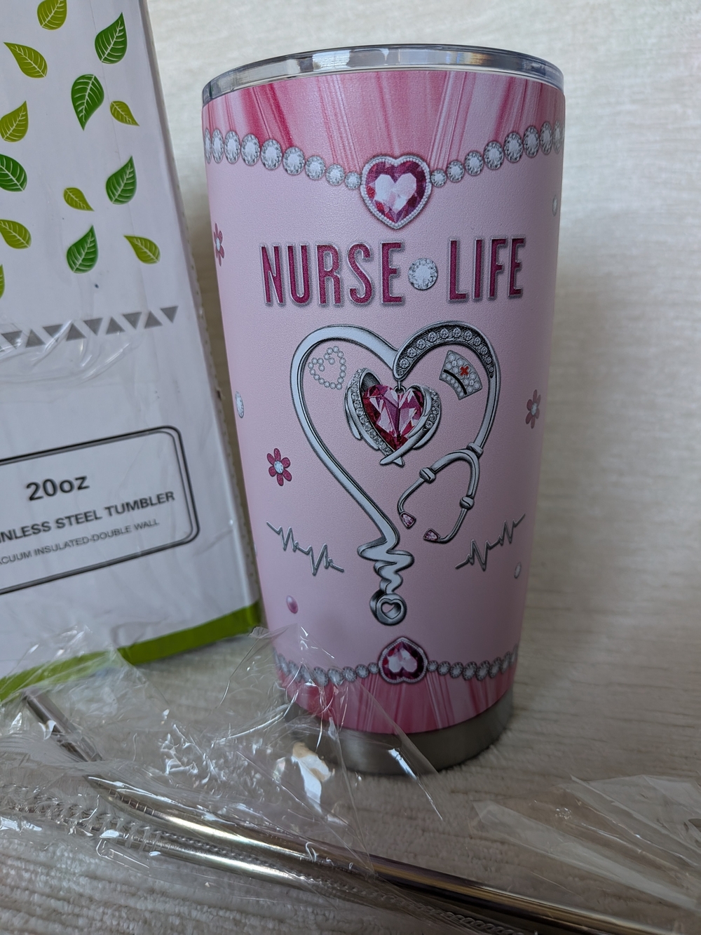 Nurse Life 20oz Pink Stainless Tumbler Double Walled Funny Saying With Straws